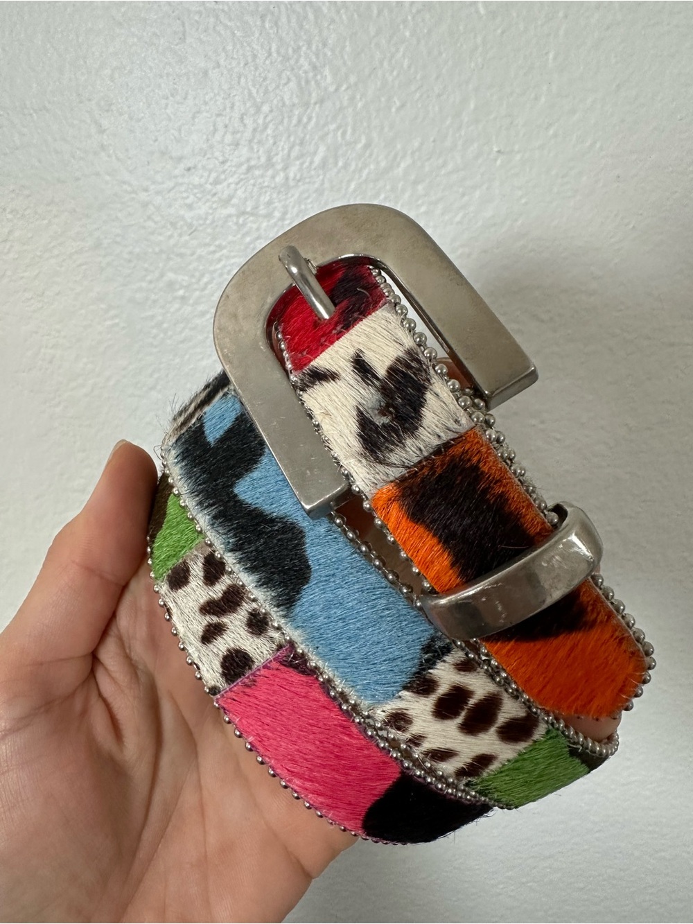 Cache Vintage Multicolor Haircalf Patchwork Leather Belt Animal Print Size M